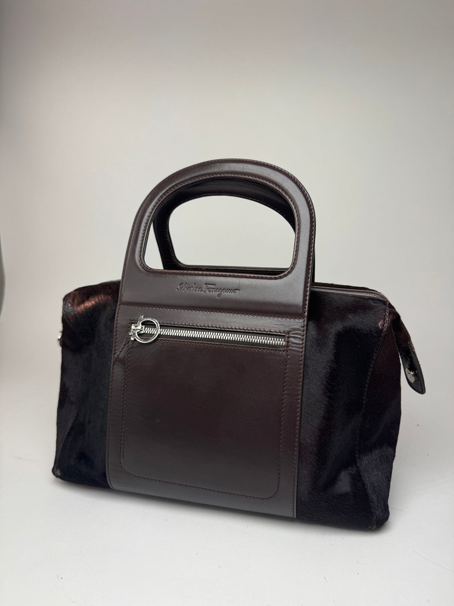 Sac vintage en cuir et fourrure marron Salvatore Ferragamo