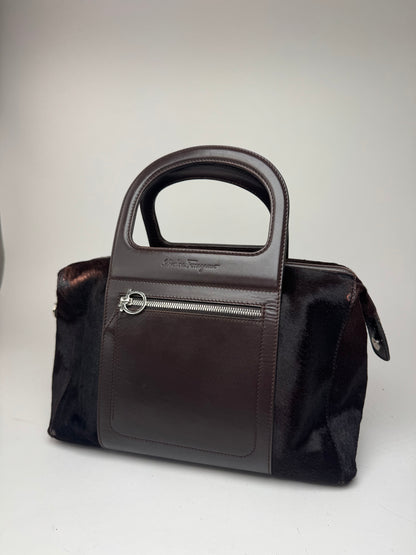 Sac vintage en cuir et fourrure marron Salvatore Ferragamo