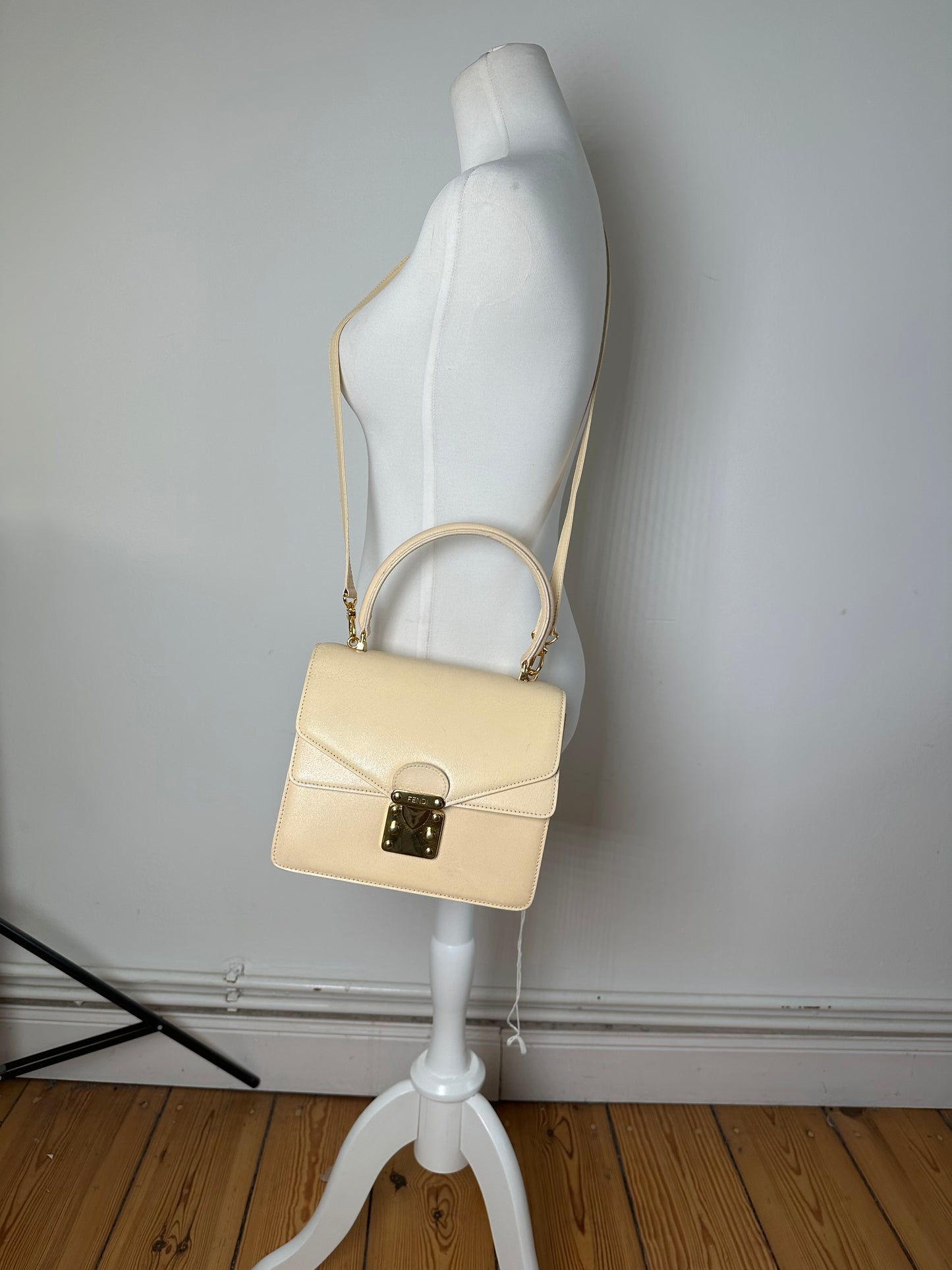 Vintage Fendi Top Handle Flap Bag Cream Ivory Calfskin Leather