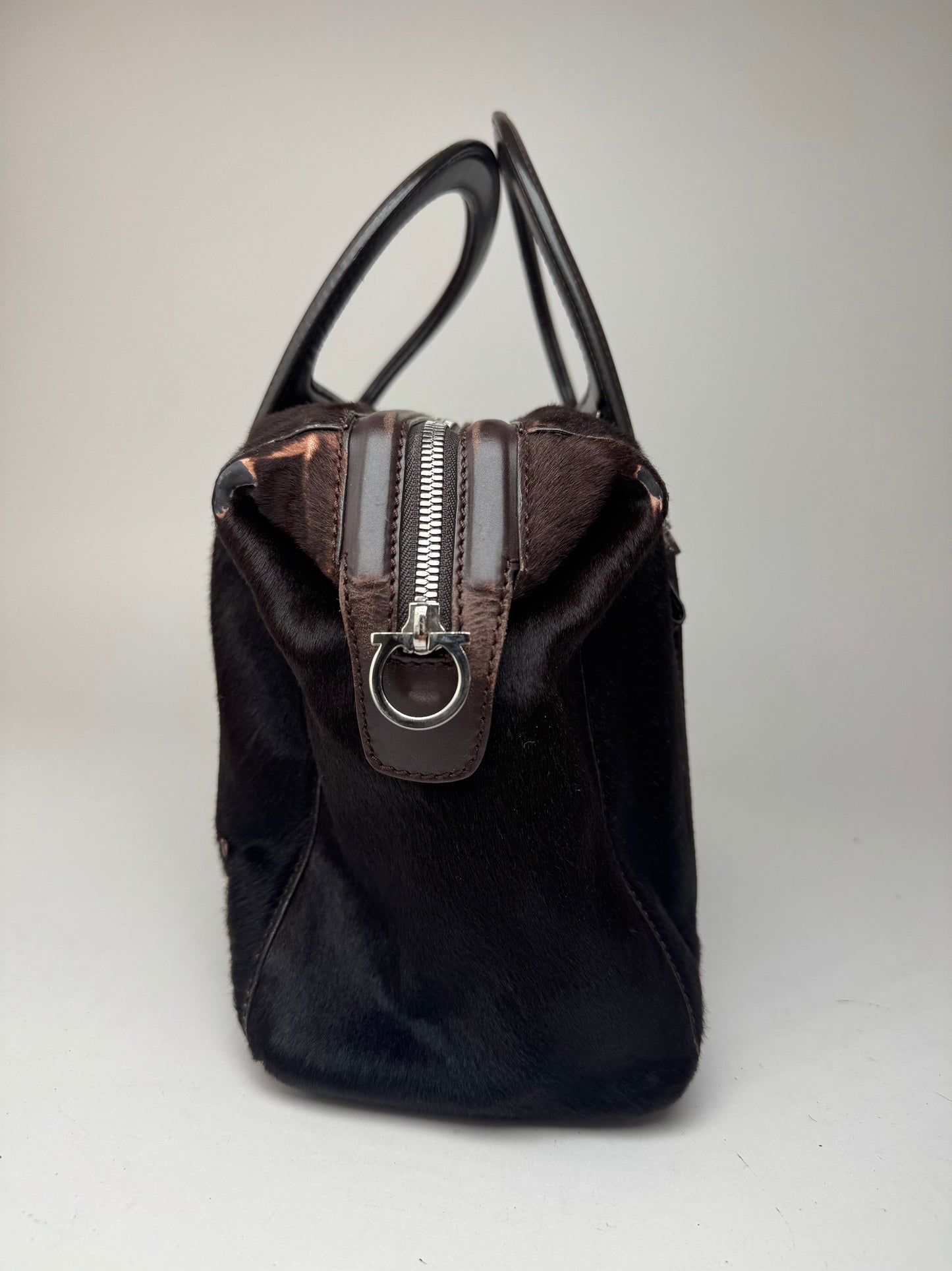 Sac vintage en cuir et fourrure marron Salvatore Ferragamo