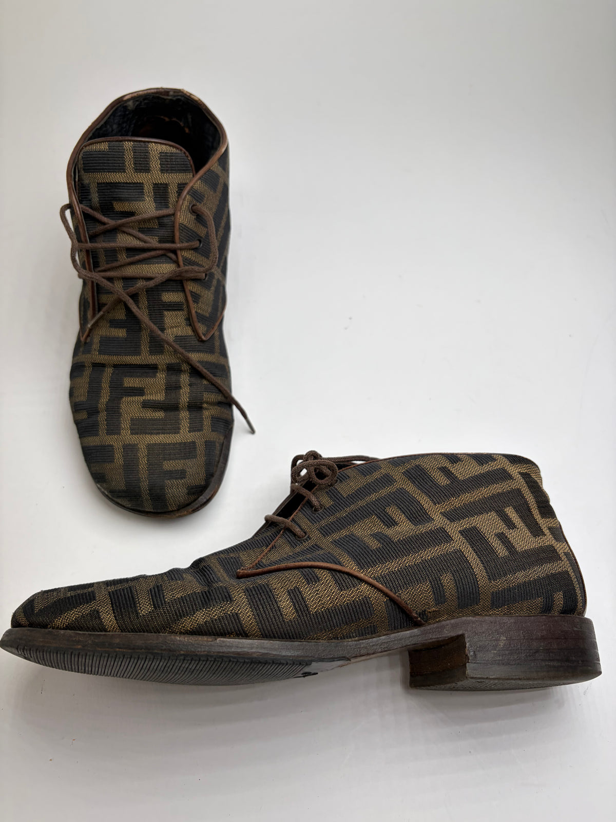 Vintage Fendi Zucca FF Monogram Chukka Boots Late 1980s Brown Black EU36
