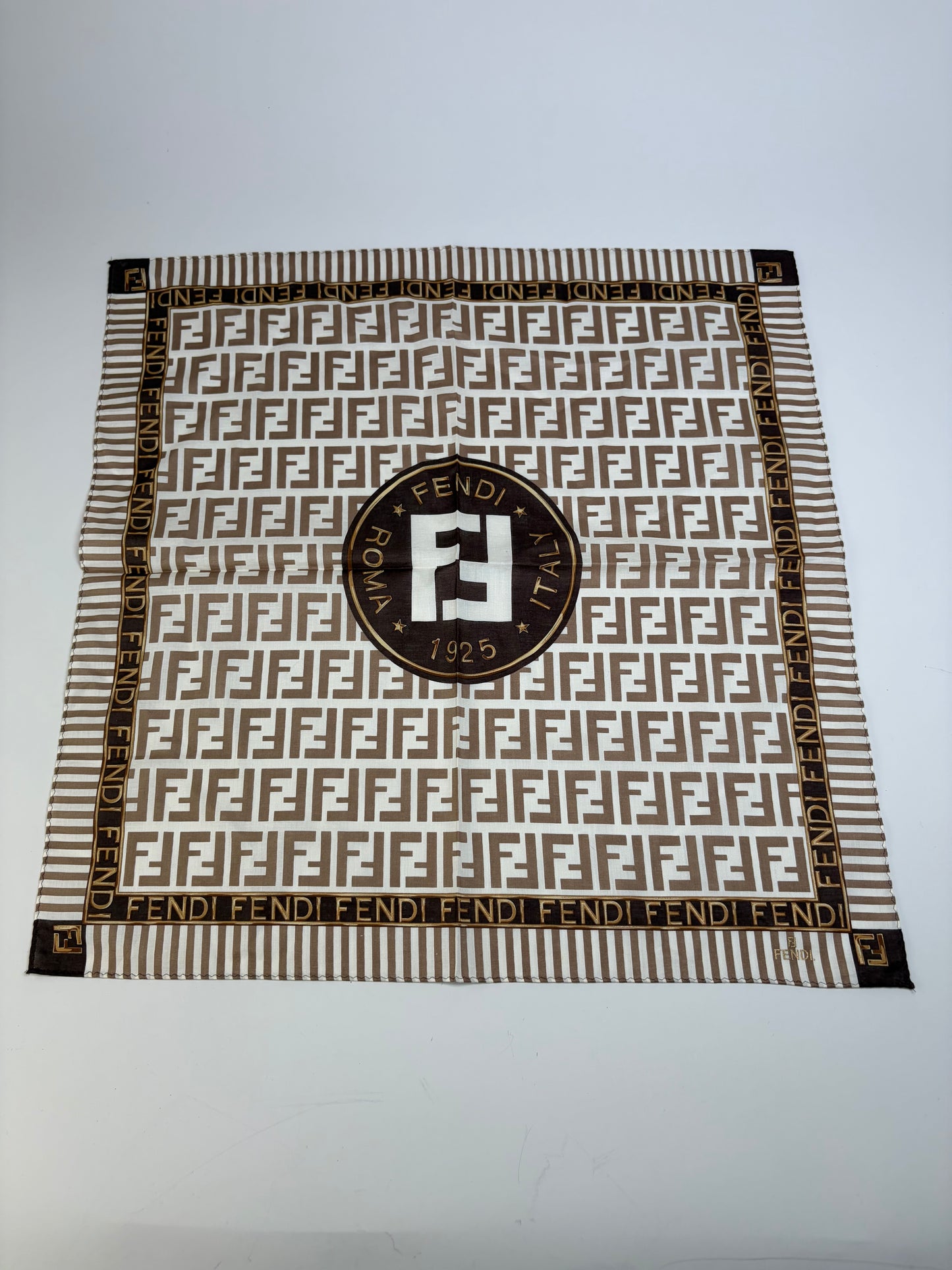 Vintage Fendi FF Monogram Silk Scarf Cream Brown