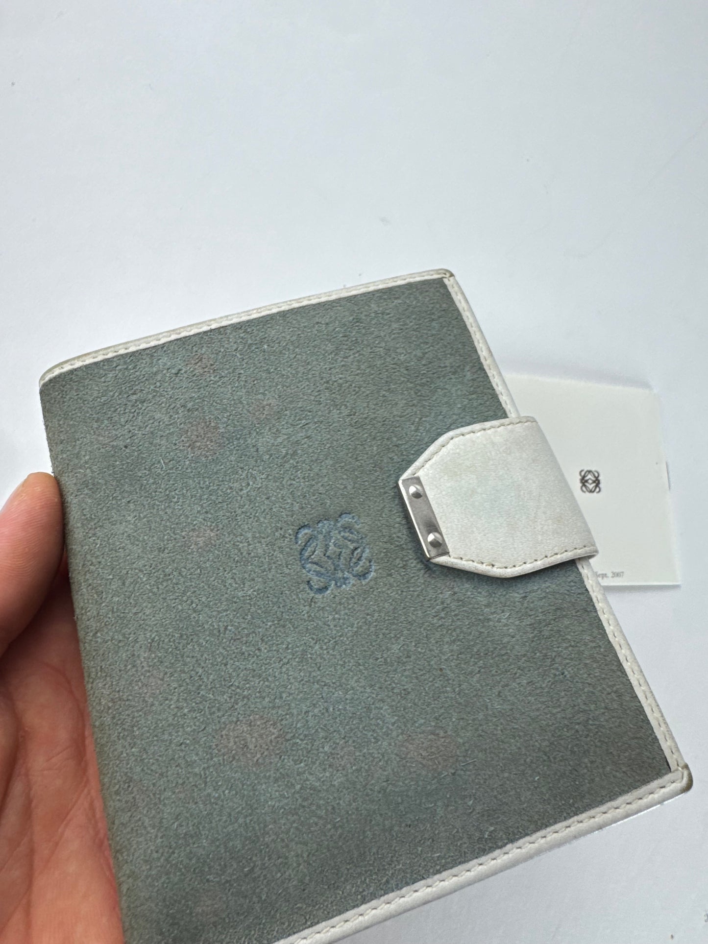 Vintage Loewe Anagram Logo Suede Leather Wallet Grey-Blue / White