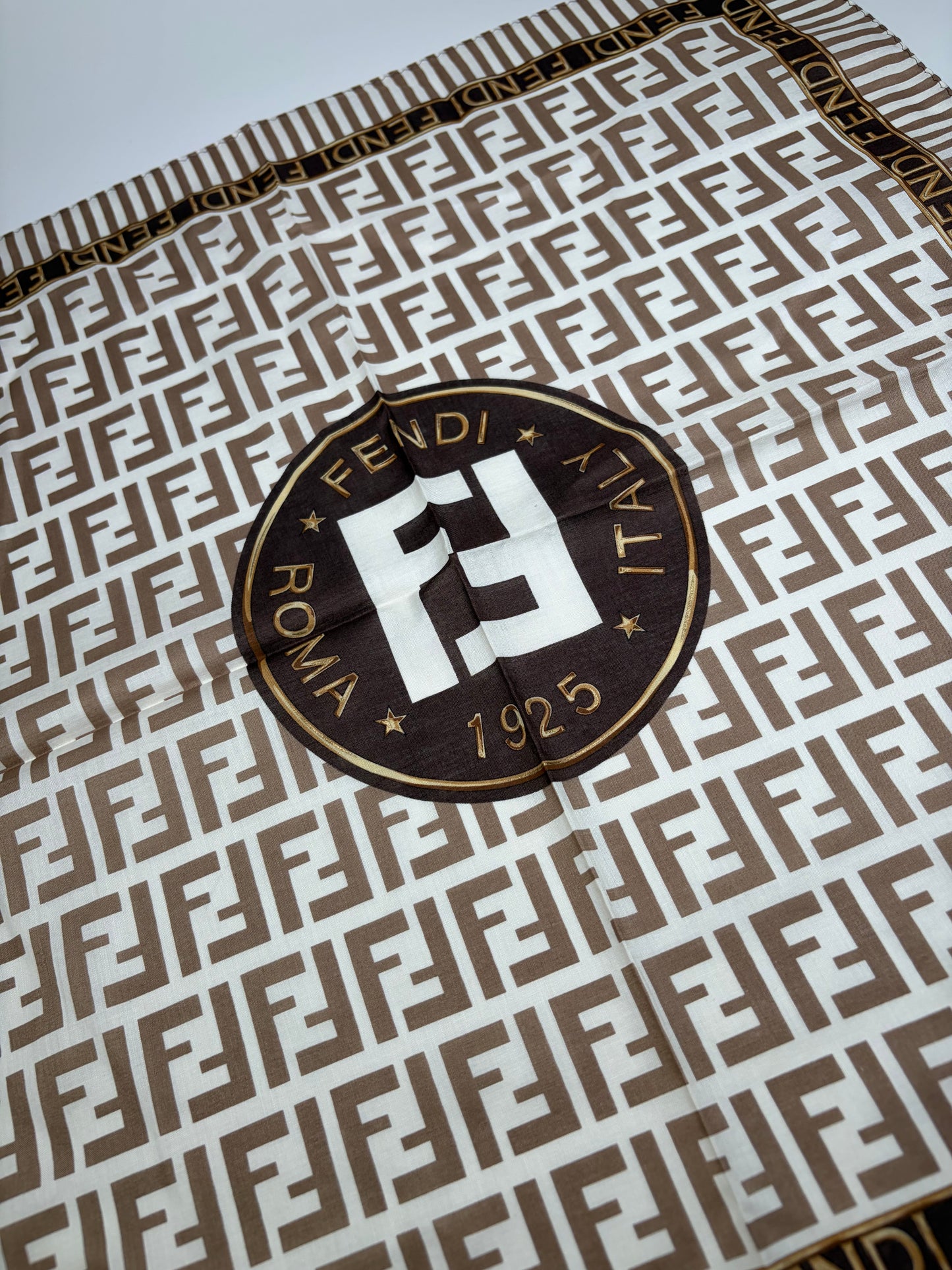 Vintage Fendi FF Monogram Silk Scarf Cream Brown