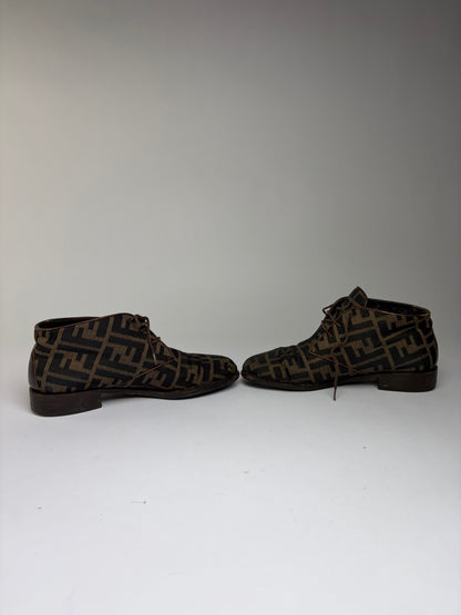 Vintage Fendi Zucca FF Monogram Chukka Boots Late 1980s Brown Black EU36