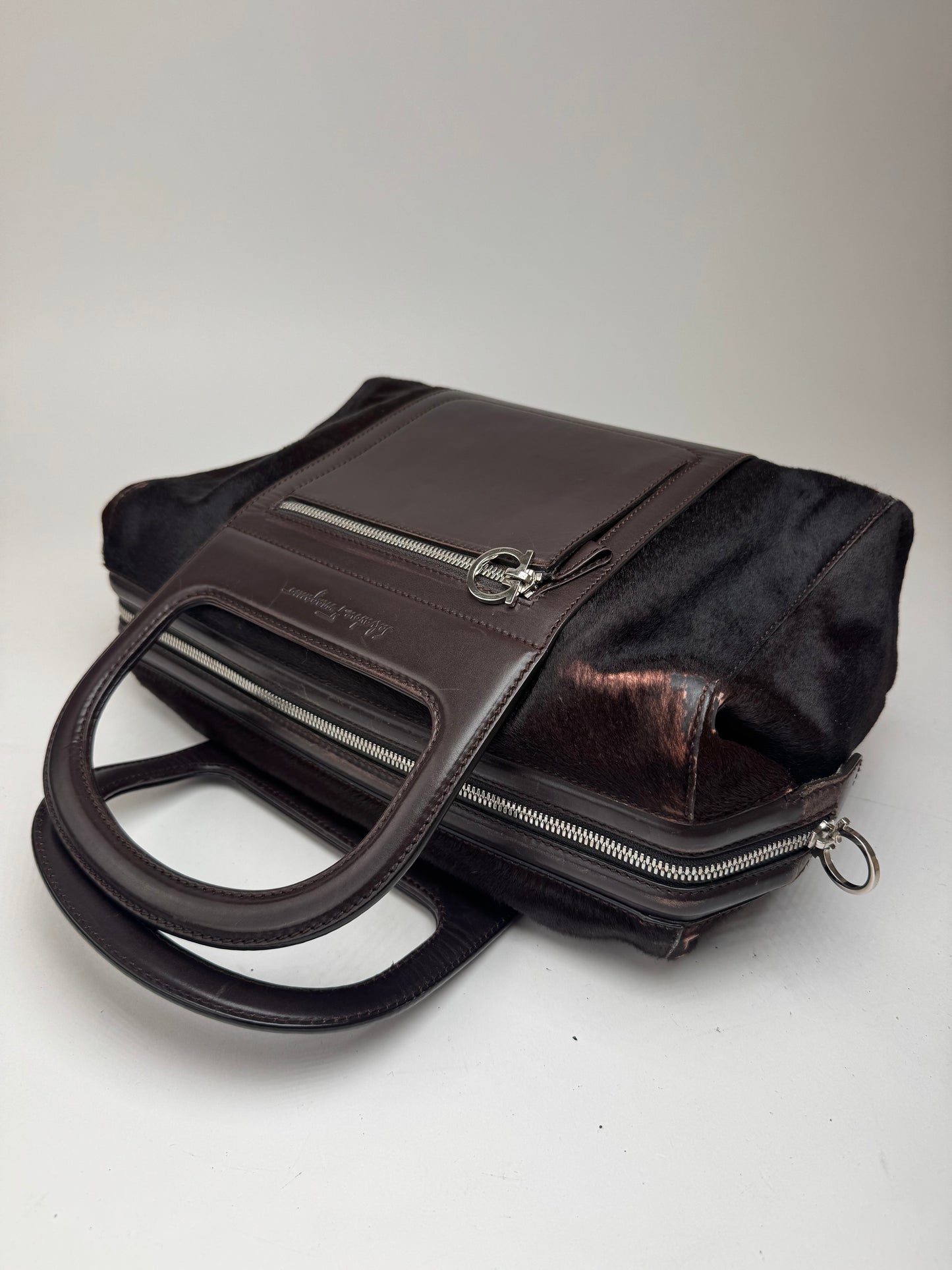 Sac vintage en cuir et fourrure marron Salvatore Ferragamo