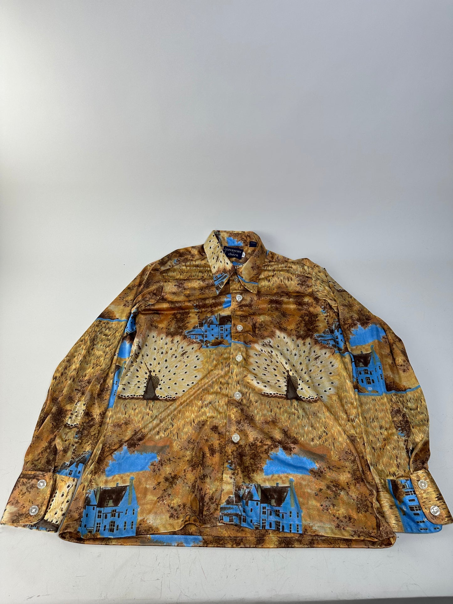 Vintage Givenchy Men's Silk Printed Shirt Houses Trees Gold Brown Blue L