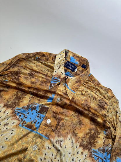 Vintage Givenchy Men's Silk Printed Shirt Houses Trees Gold Brown Blue L