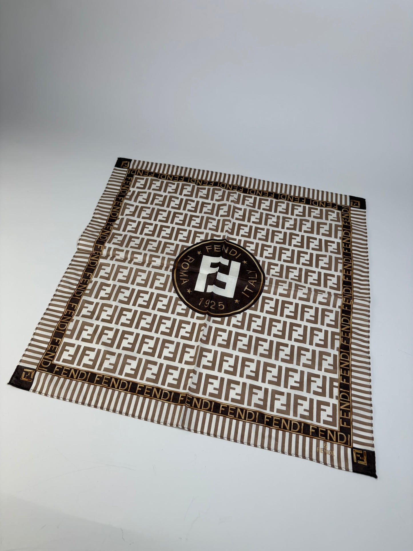 Vintage Fendi FF Monogram Silk Scarf Cream Brown