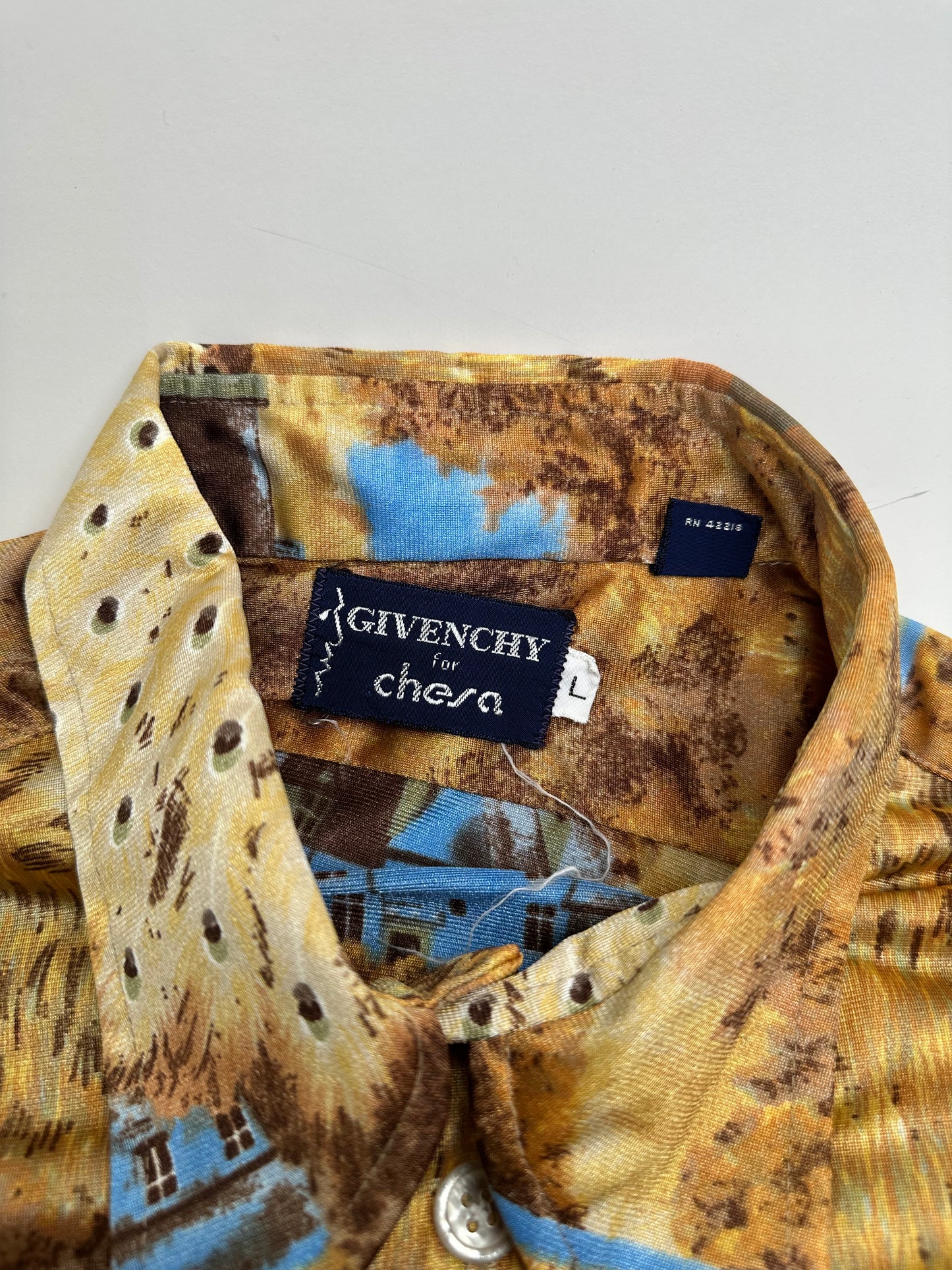 Vintage Givenchy Men's Silk Printed Shirt Houses Trees Gold Brown Blue L