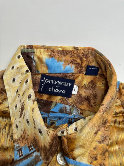 Vintage Givenchy Men's Silk Printed Shirt Houses Trees Gold Brown Blue L
