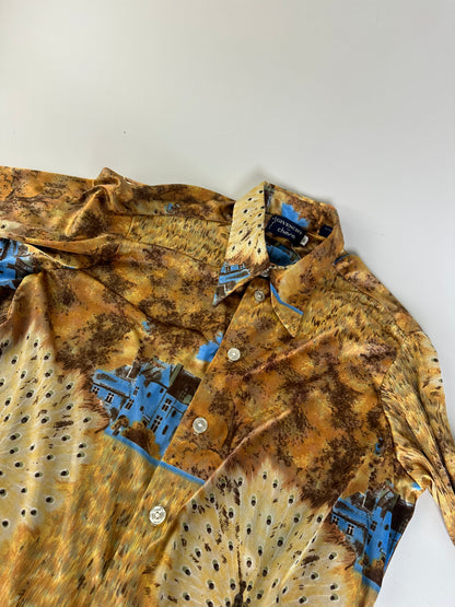 Vintage Givenchy Men's Silk Printed Shirt Houses Trees Gold Brown Blue L