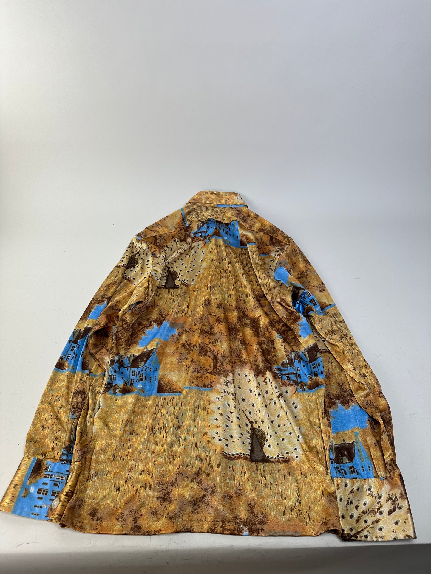 Vintage Givenchy Men's Silk Printed Shirt Houses Trees Gold Brown Blue L