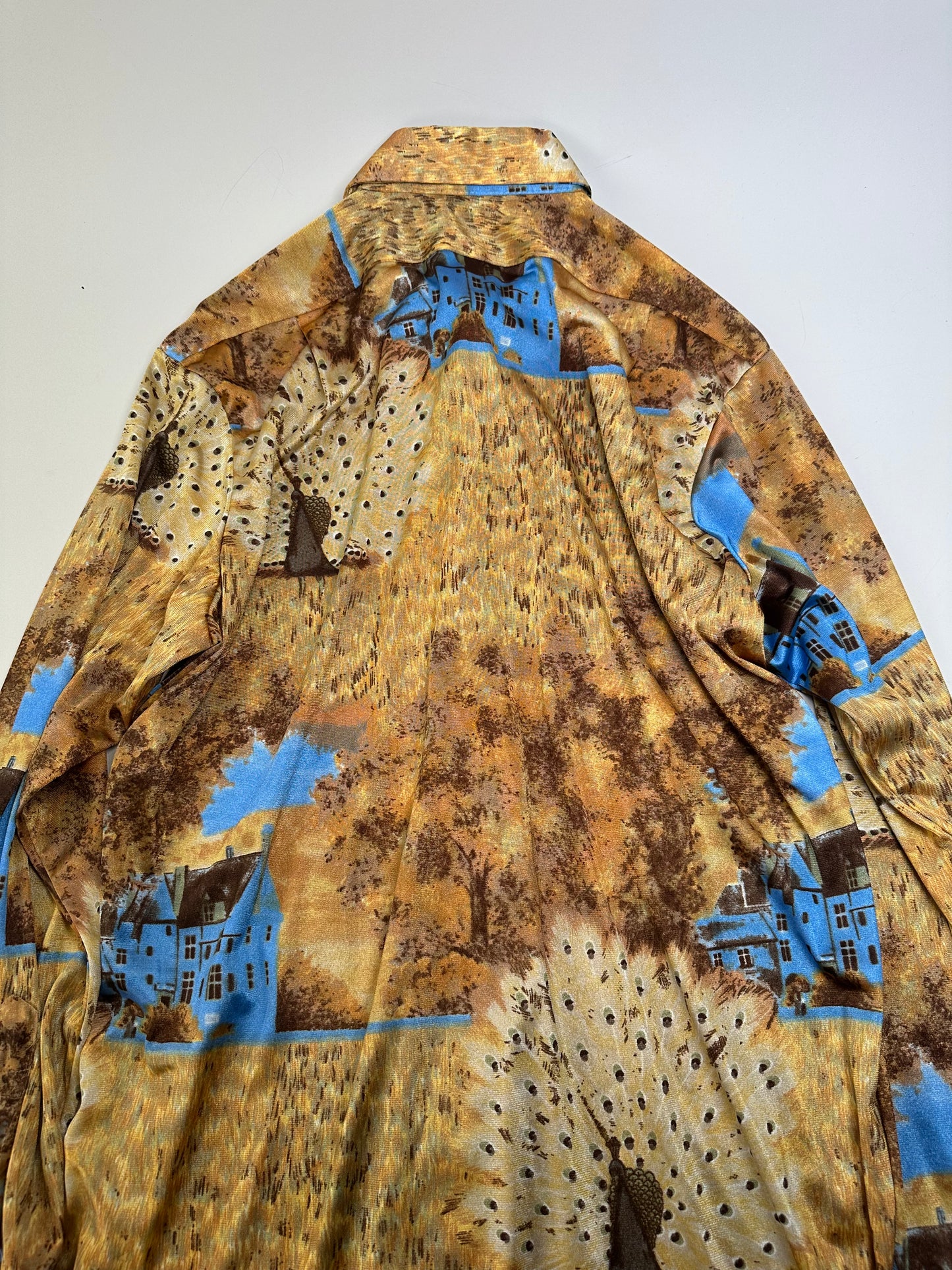 Vintage Givenchy Men's Silk Printed Shirt Houses Trees Gold Brown Blue L