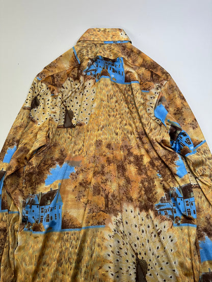 Vintage Givenchy Men's Silk Printed Shirt Houses Trees Gold Brown Blue L