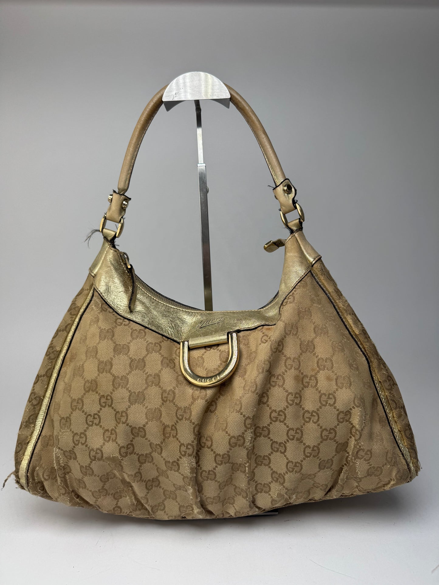 Vintage Gucci D-Ring monogram Leather canvas bag golden