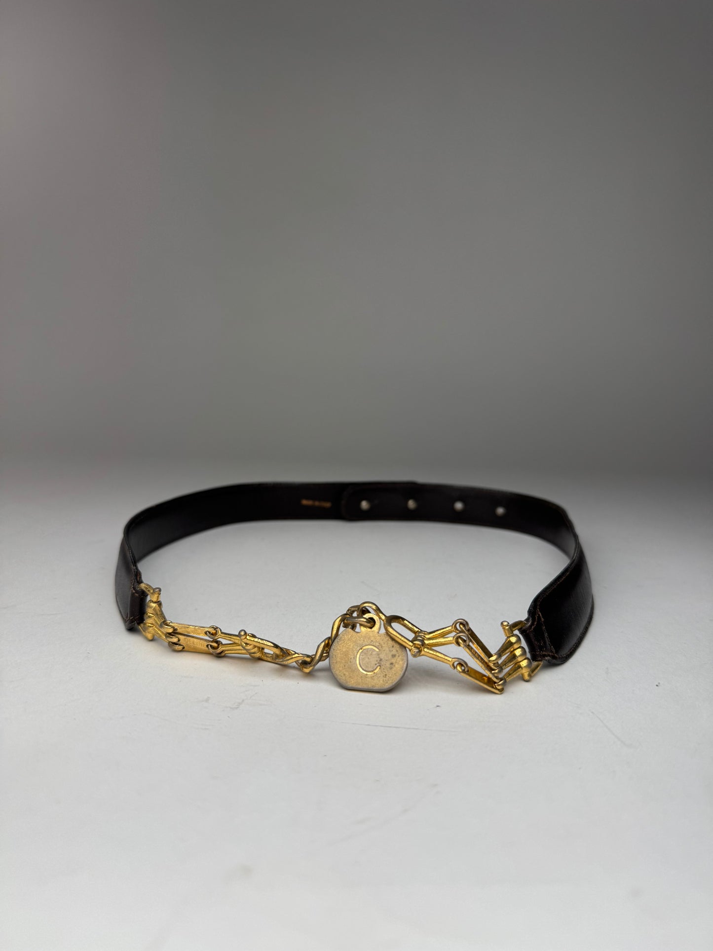 Vintage Celine Chain Leather belt Gold brown