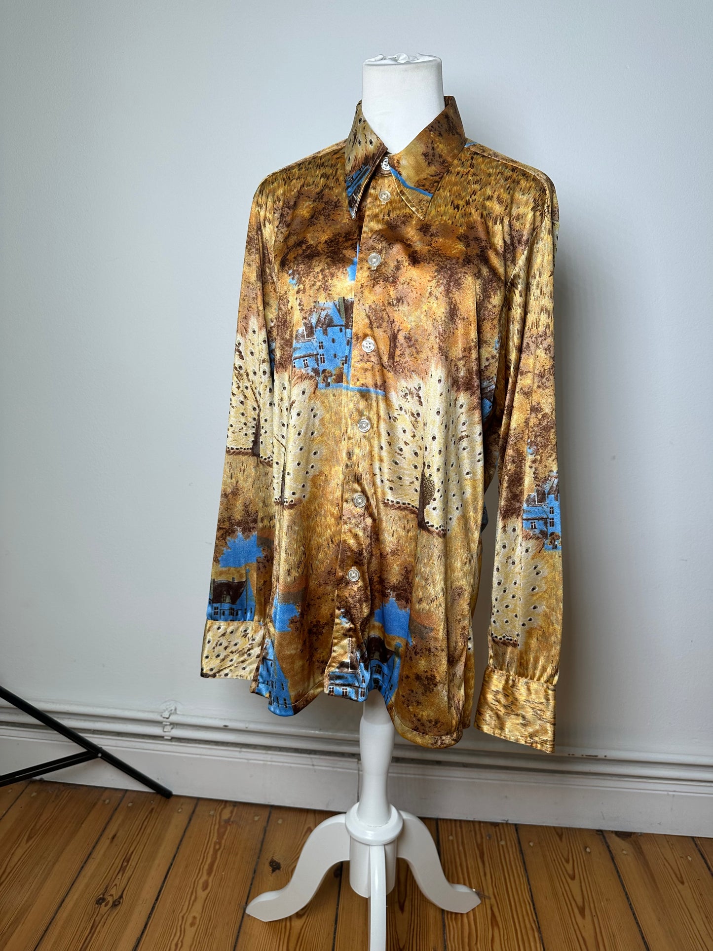 Vintage Givenchy Men's Silk Printed Shirt Houses Trees Gold Brown Blue L