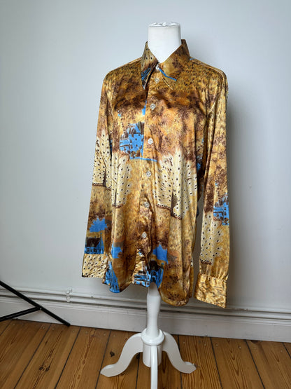 Vintage Givenchy Men's Silk Printed Shirt Houses Trees Gold Brown Blue L