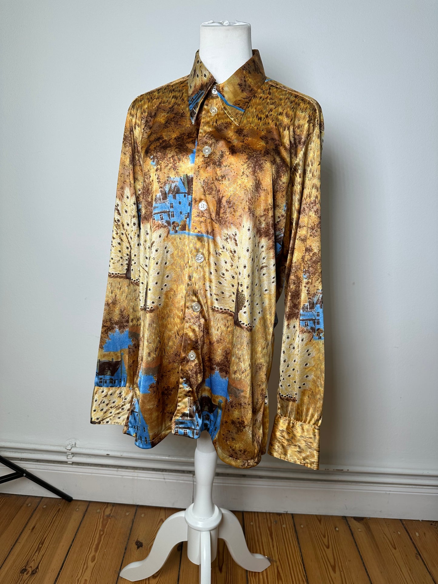 Vintage Givenchy Men's Silk Printed Shirt Houses Trees Gold Brown Blue L