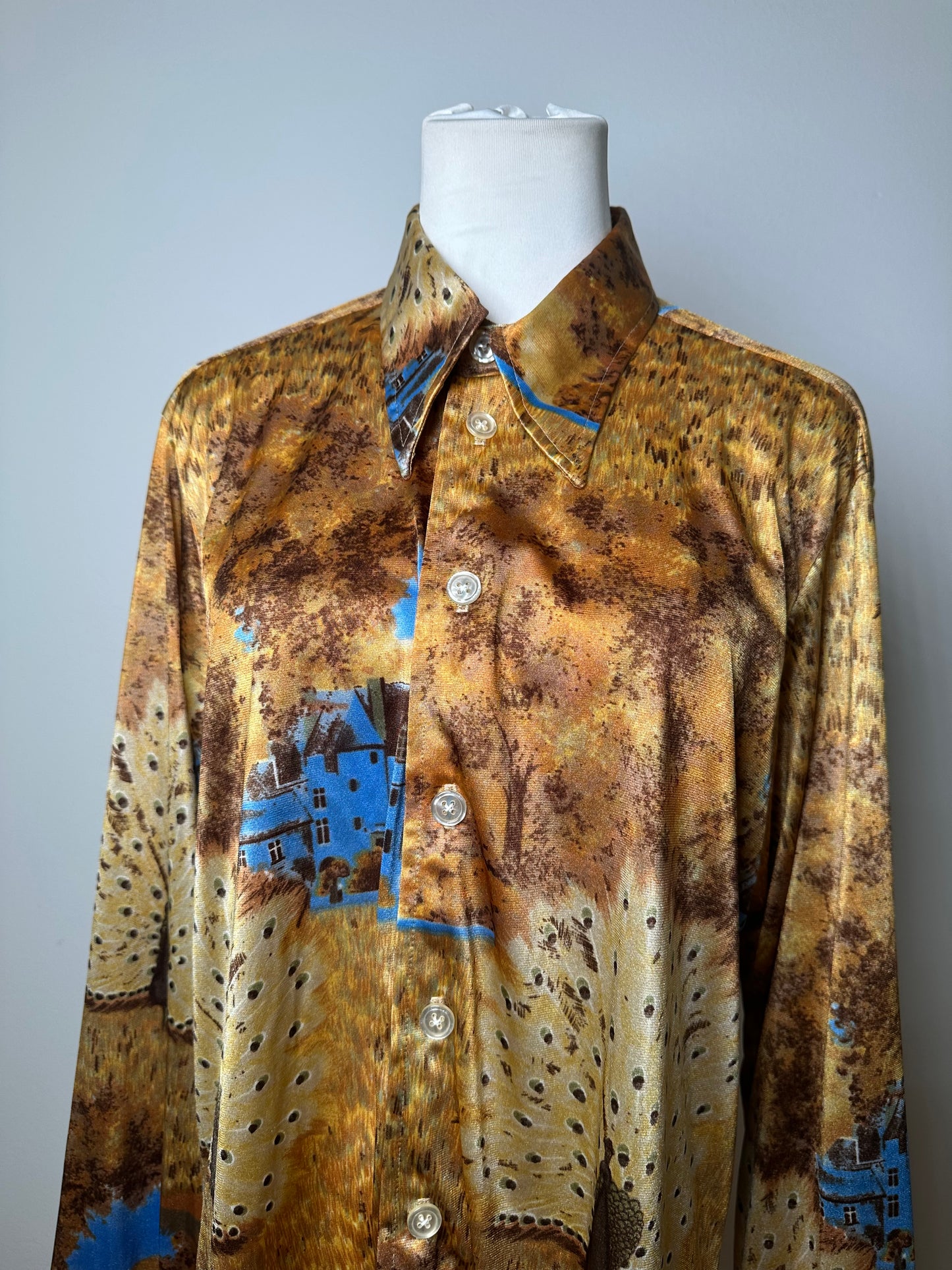 Vintage Givenchy Men's Silk Printed Shirt Houses Trees Gold Brown Blue L