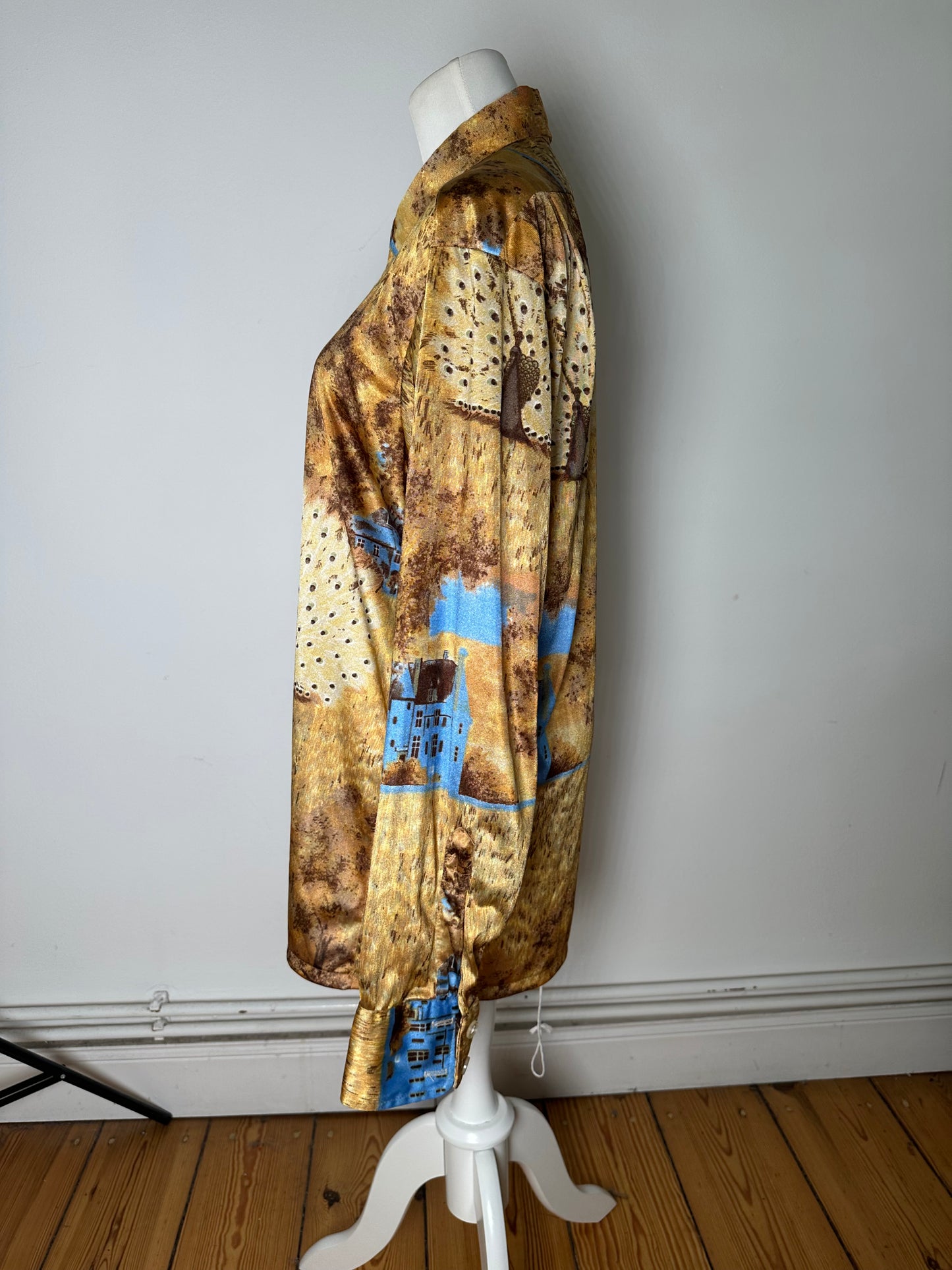 Vintage Givenchy Men's Silk Printed Shirt Houses Trees Gold Brown Blue L