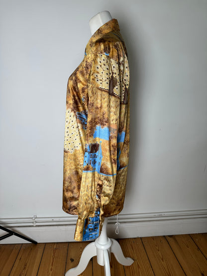Vintage Givenchy Men's Silk Printed Shirt Houses Trees Gold Brown Blue L