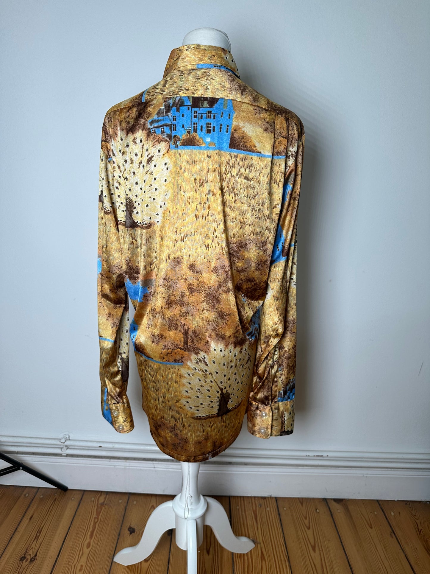 Vintage Givenchy Men's Silk Printed Shirt Houses Trees Gold Brown Blue L