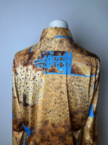 Vintage Givenchy Men's Silk Printed Shirt Houses Trees Gold Brown Blue L