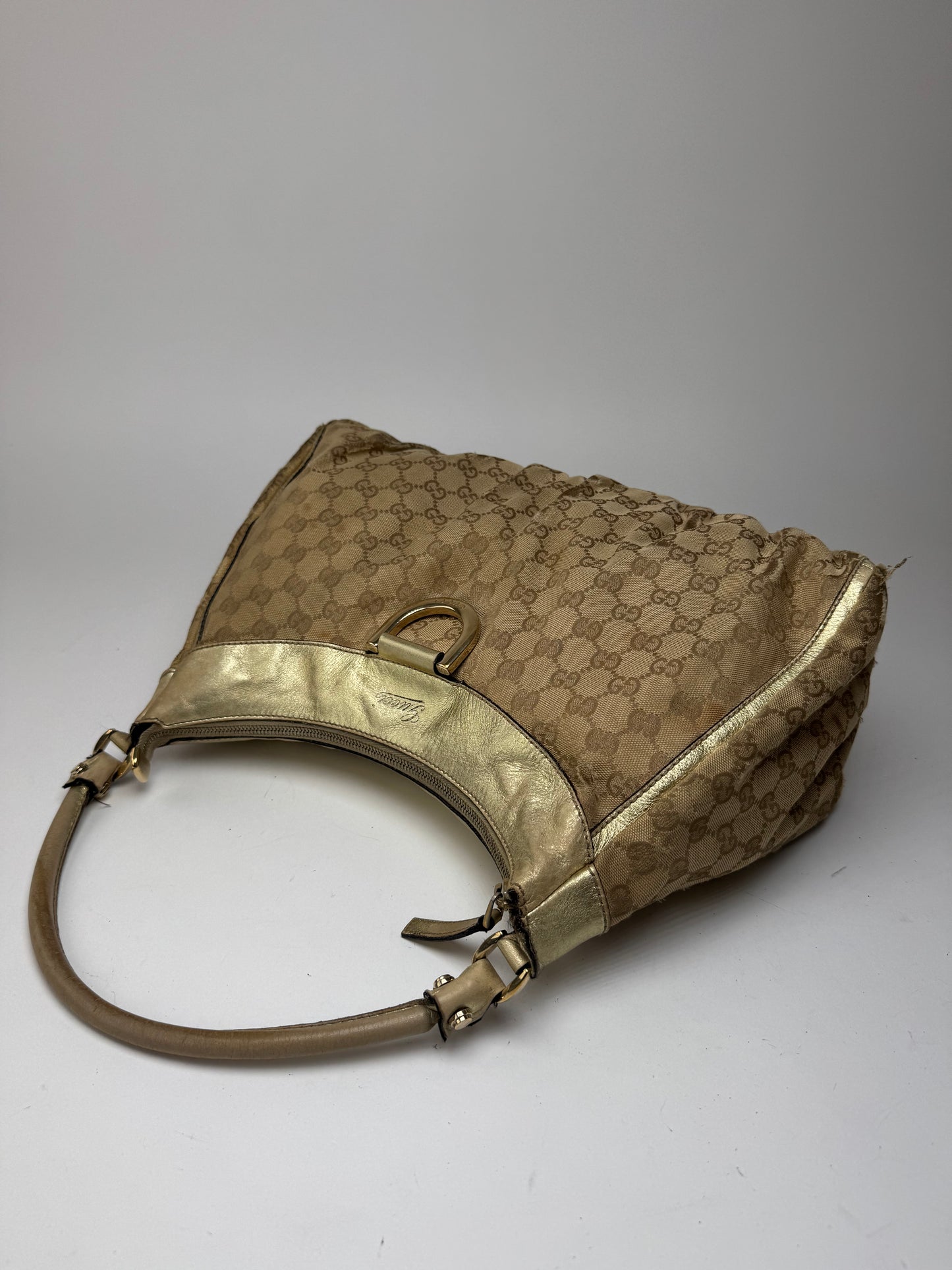 Vintage Gucci D-Ring monogram Leather canvas bag golden