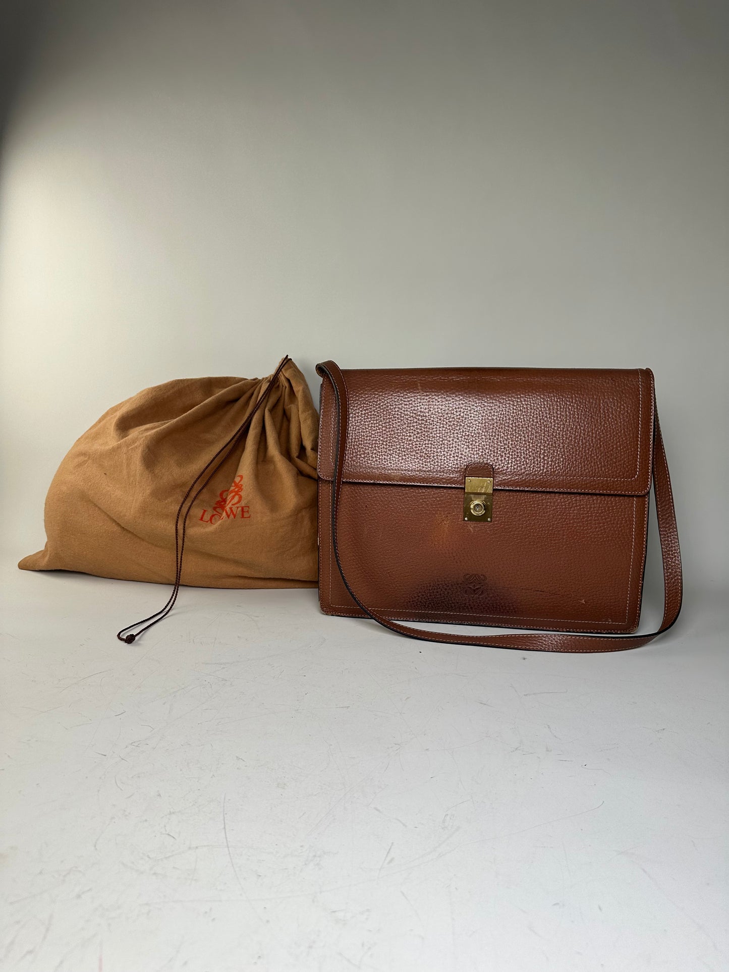 Vintage Loewe Pebbled Leather Shoulder Bag Brown Gold