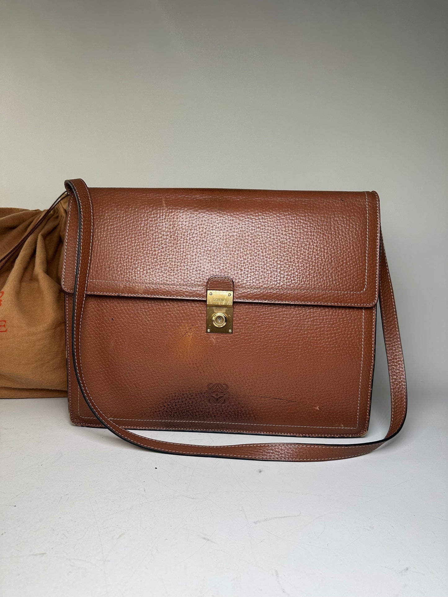 Vintage Loewe Pebbled Leather Shoulder Bag Brown Gold