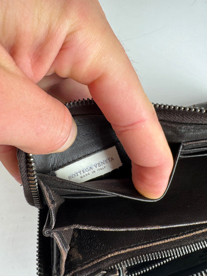 Vintage Bottega Veneta Zippy Intrecciato Leather Wallet Brown