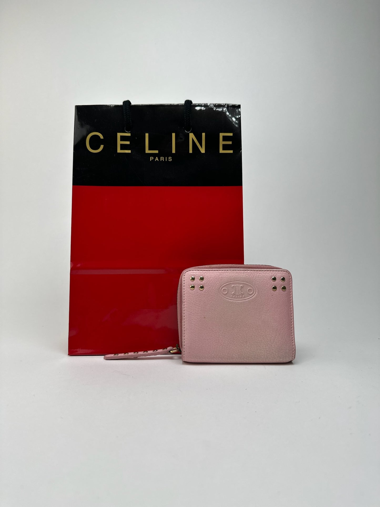 Portefeuille vintage en cuir rose Céline Paris