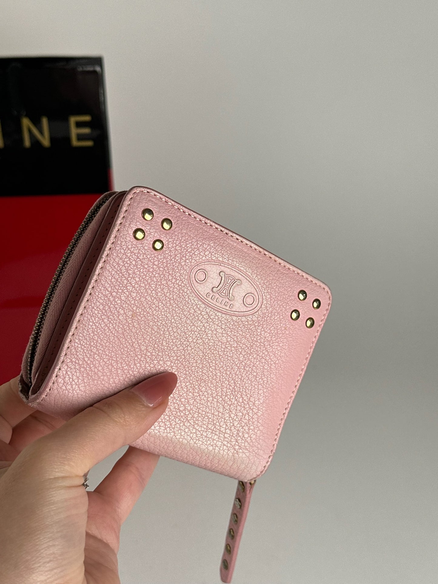 Portefeuille vintage en cuir rose Céline Paris