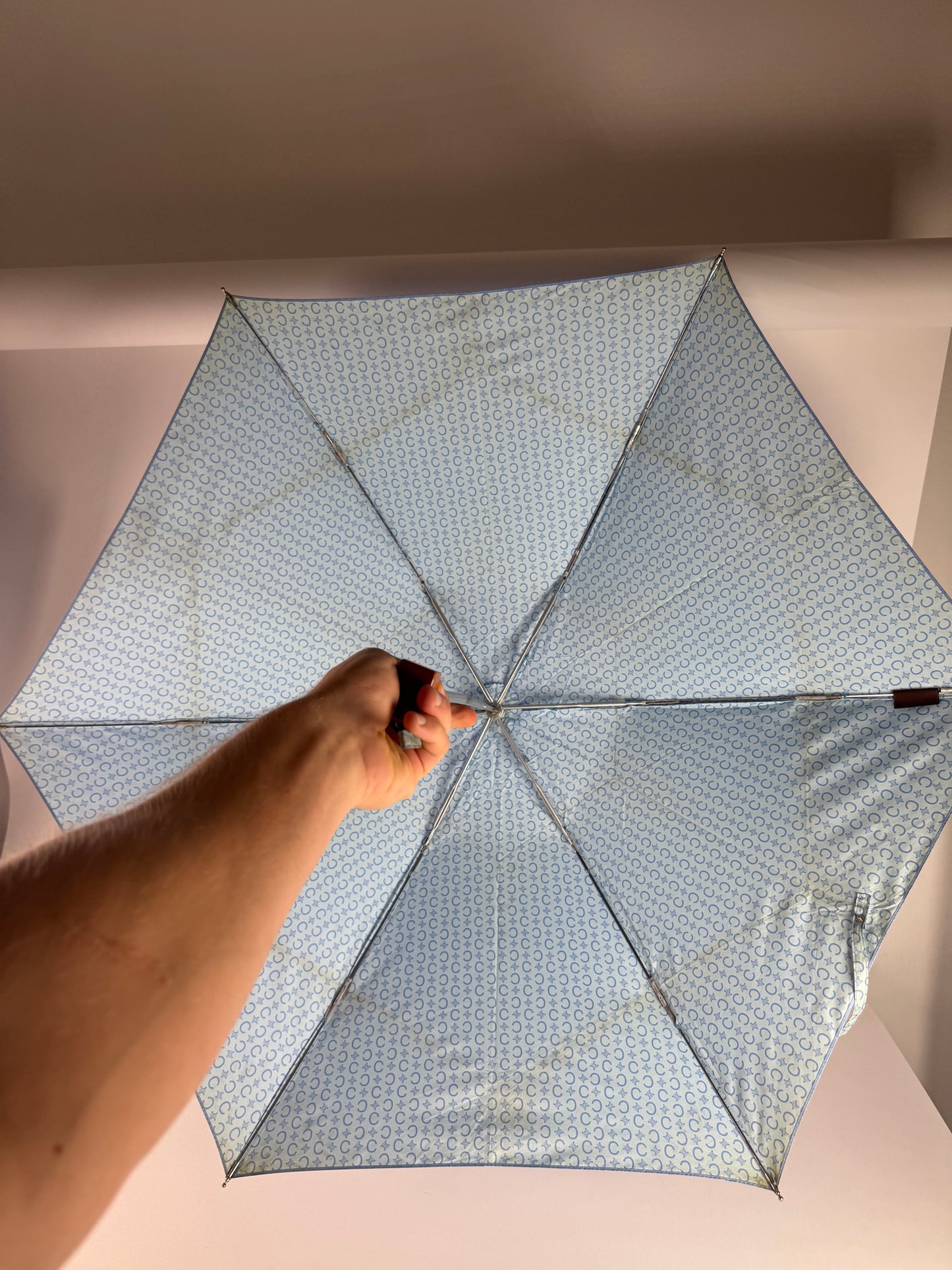 Vintage Celine Paris Monogram Polyester Umbrella Blue