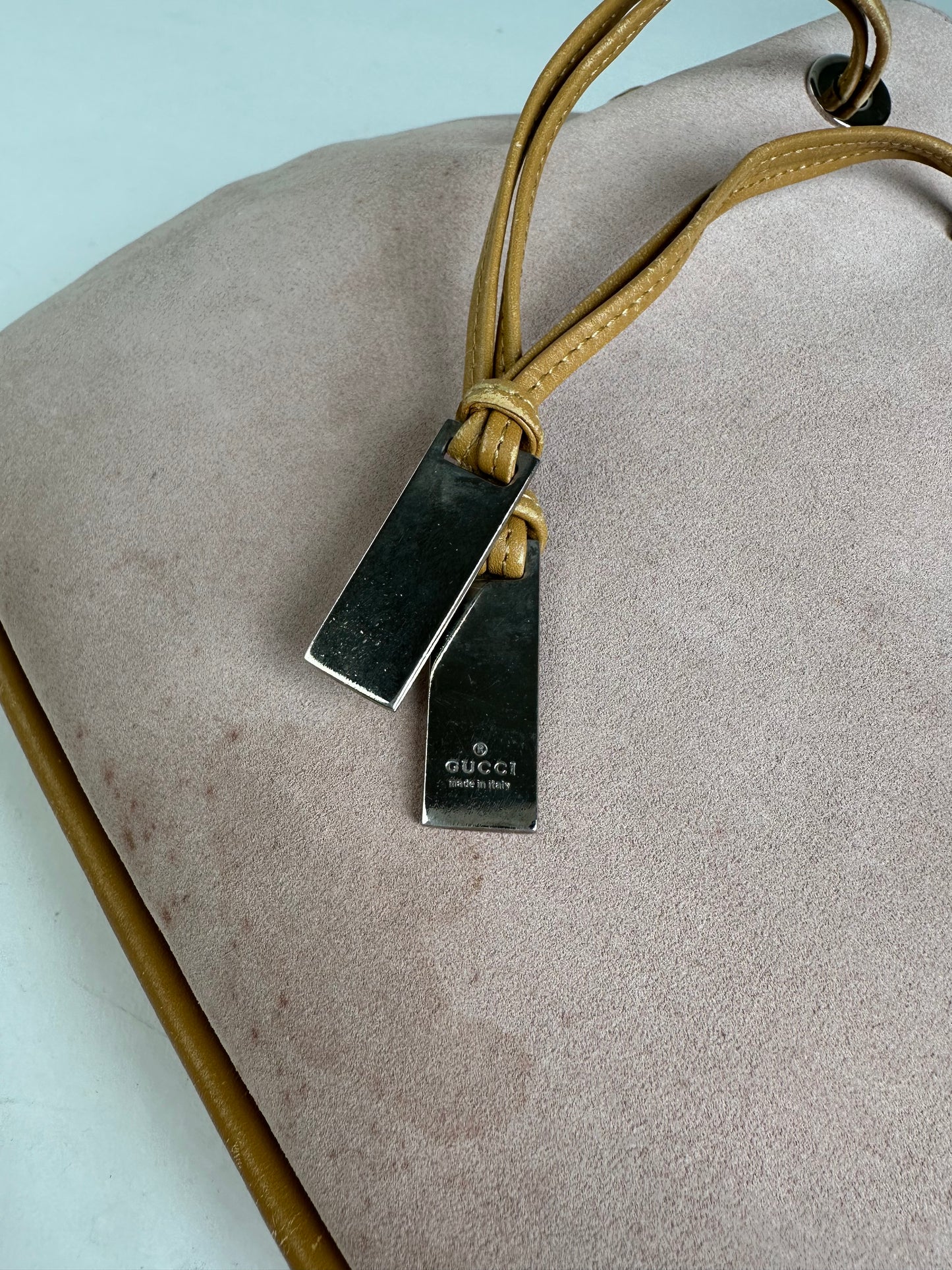 Gucci Pink Suede Hobo Bag with Drawstring Closure