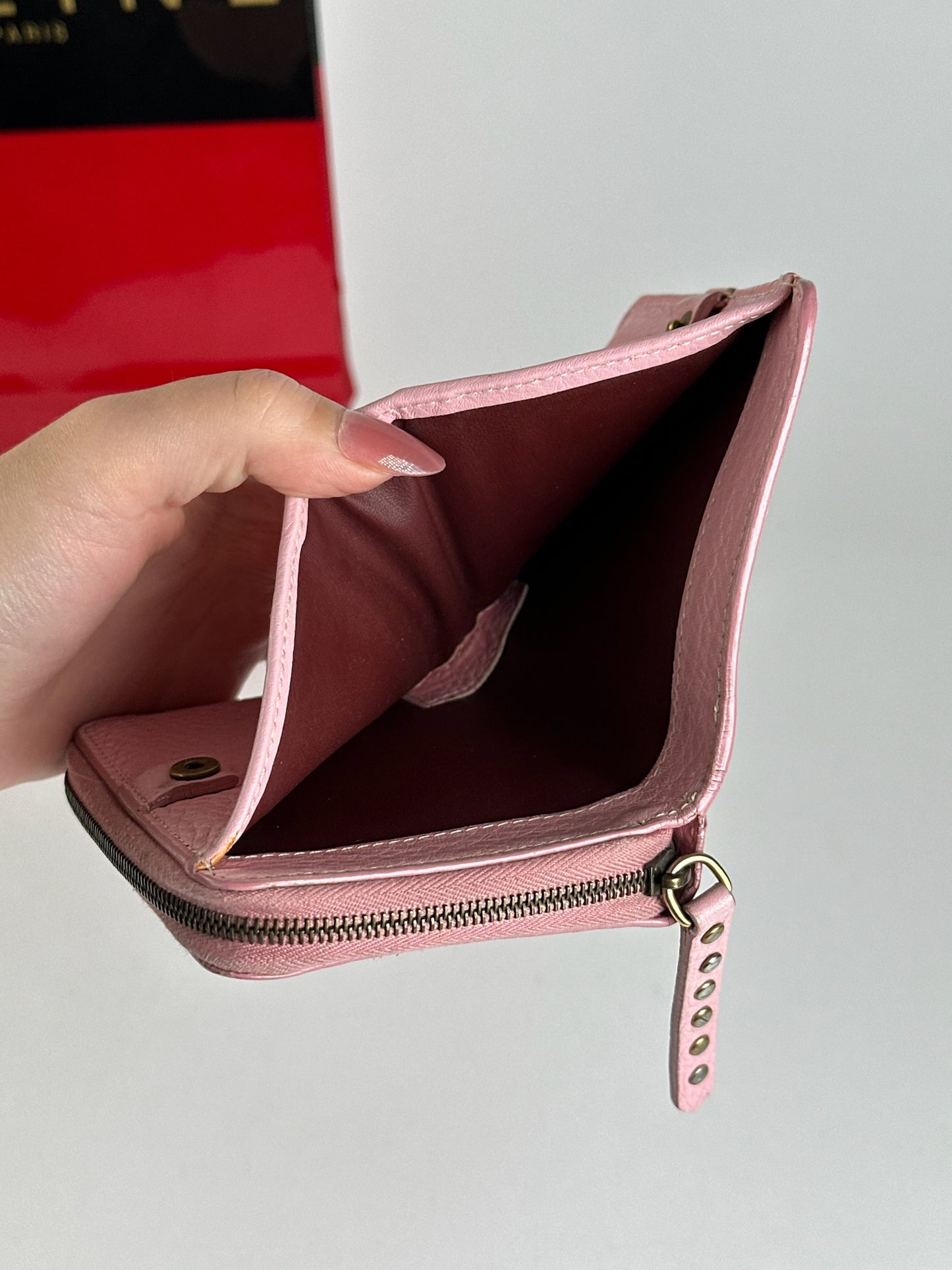 Portefeuille vintage en cuir rose Céline Paris