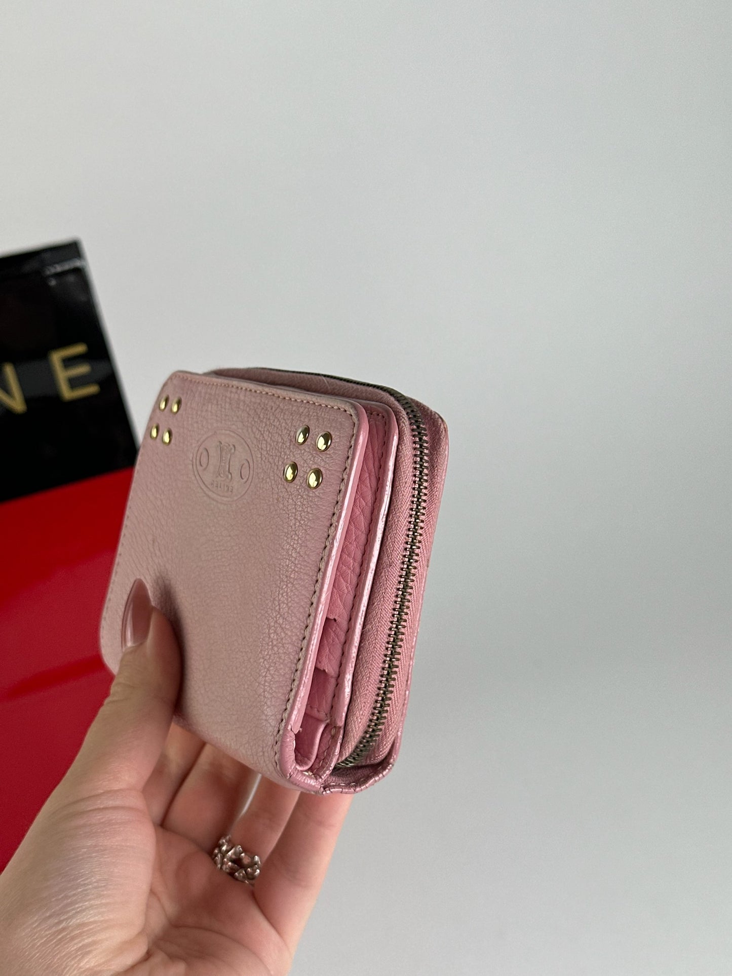 Portefeuille vintage en cuir rose Céline Paris