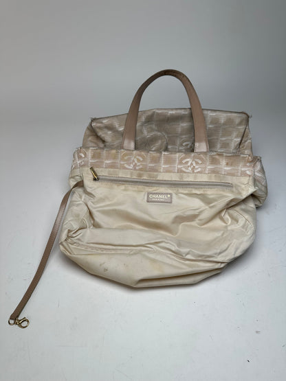 Vintage Chanel Monogram New Travel Line Canvas Leather Tote Bag Beige