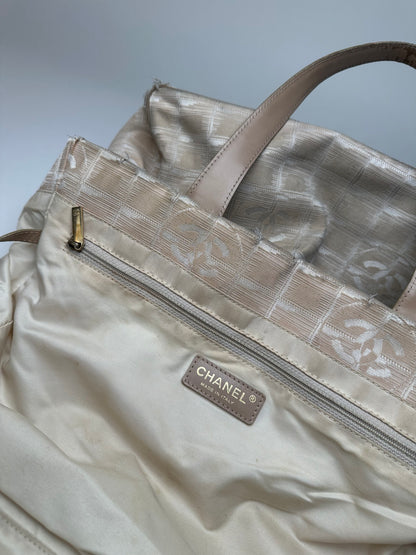Vintage Chanel Monogram New Travel Line Canvas Leather Tote Bag Beige