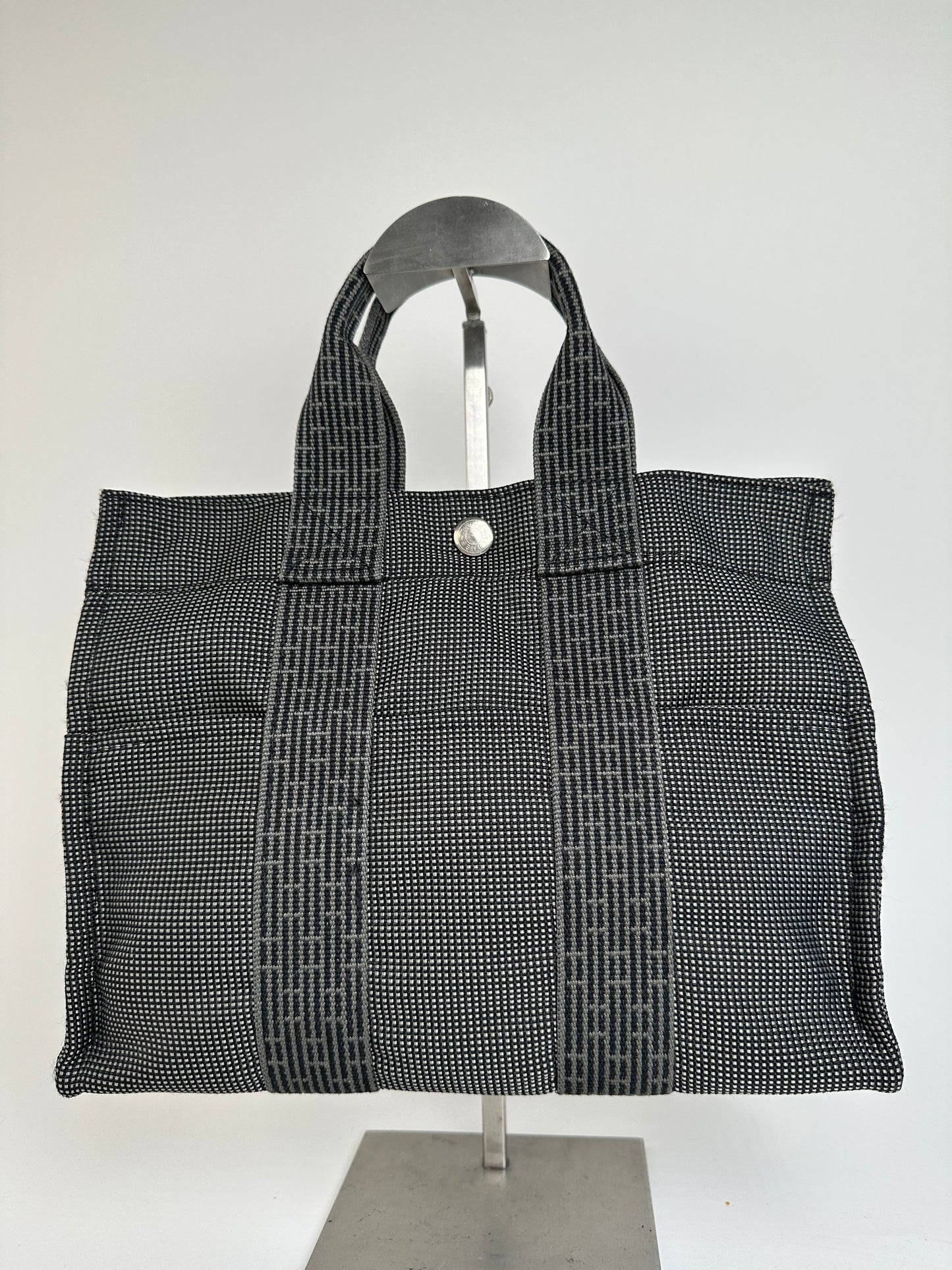 Hermès Black Canvas Tote Bag with Zip Closure and Snap Button