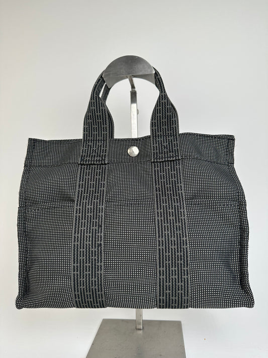 Hermès Black Canvas Tote Bag with Zip Closure and Snap Button