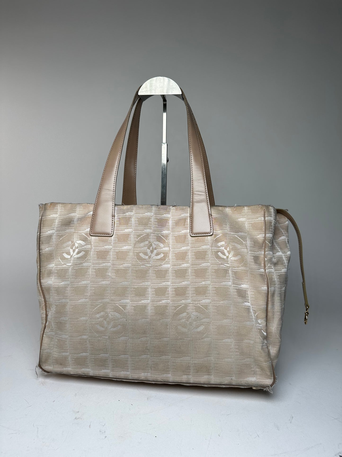 Vintage Chanel Monogram New Travel Line Canvas Leather Tote Bag Beige