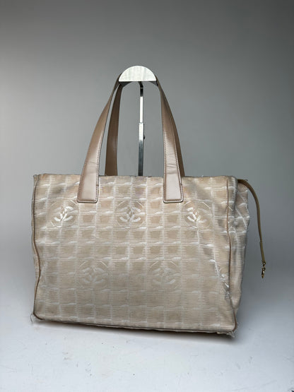 Vintage Chanel Monogram New Travel Line Canvas Leather Tote Bag Beige