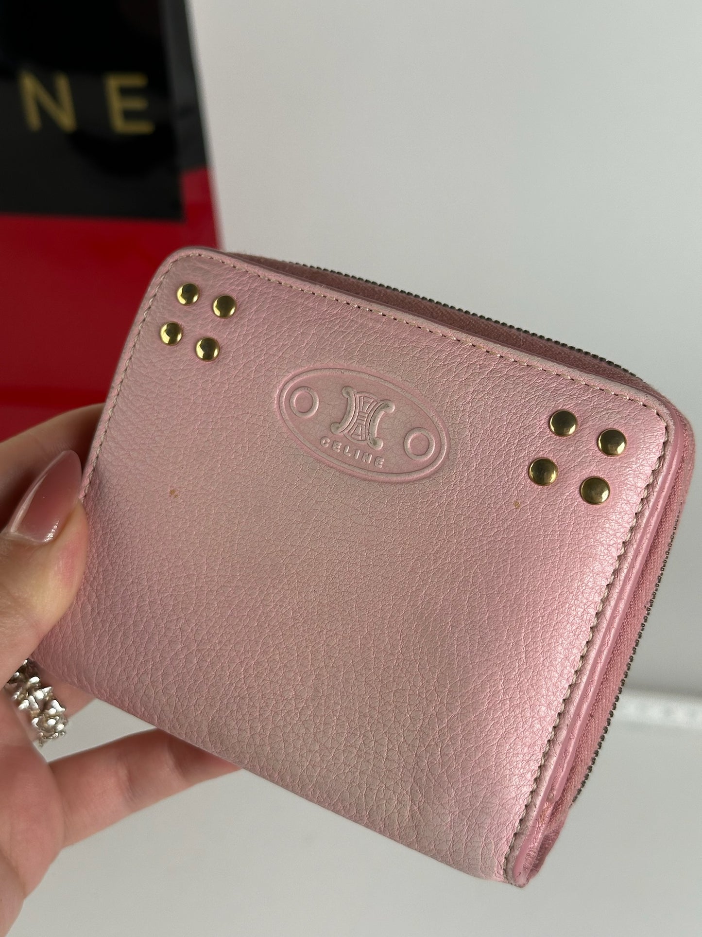 Portefeuille vintage en cuir rose Céline Paris