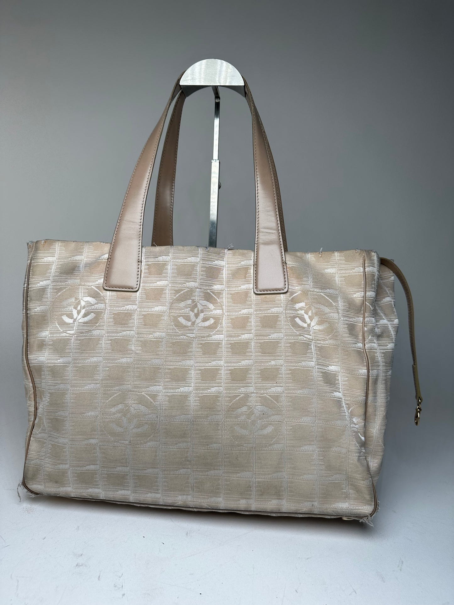 Vintage Chanel Monogram New Travel Line Canvas Leather Tote Bag Beige