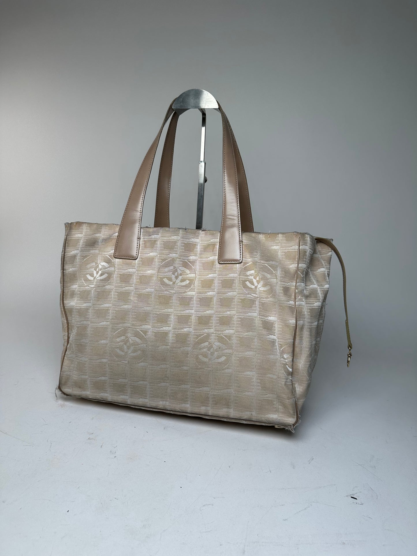 Vintage Chanel Monogram New Travel Line Canvas Leather Tote Bag Beige