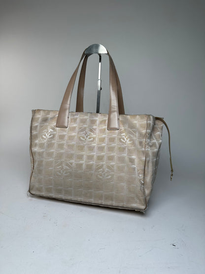 Vintage Chanel Monogram New Travel Line Canvas Leather Tote Bag Beige