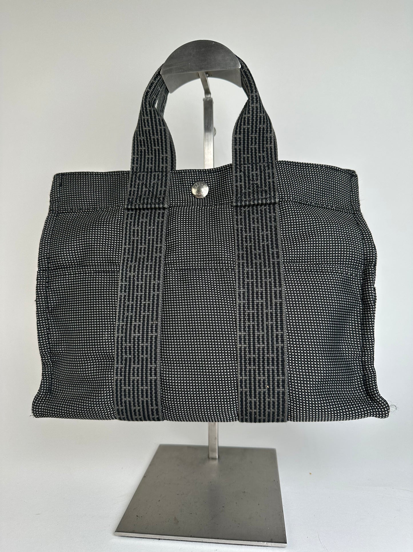 Hermès Black Canvas Tote Bag with Zip Closure and Snap Button